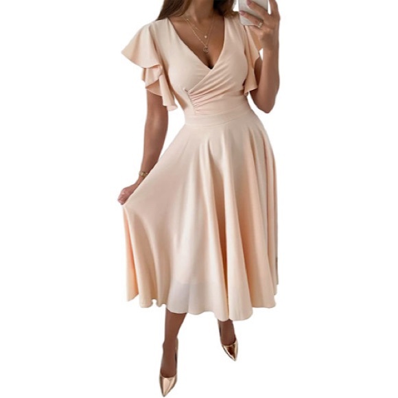 Lyaner Dresses & Skirts - NWT Wrap V Neck Ruffle Short Sleeve A Line Swing Flared Cocktail Party Midi